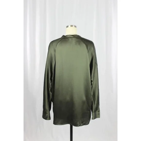 VINCE Olive Green Silk Charmeuse Split Neck Relaxed Tunic Blouse, Size S - Picture 6 of 15